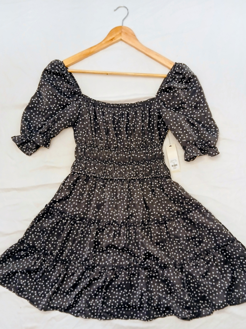 NWT Francesca’s Navy Blue Polka Dot Puff Sleeve Smocked Tiered Mini Dress M